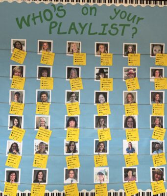 Picture of "What's On Your Playlist" Bulletin Board made by Music teacher Mrs. Christensen