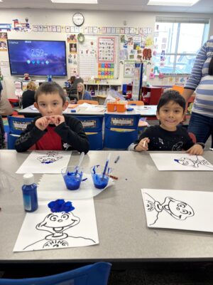 Students doing art project on Dr. Seuss Day